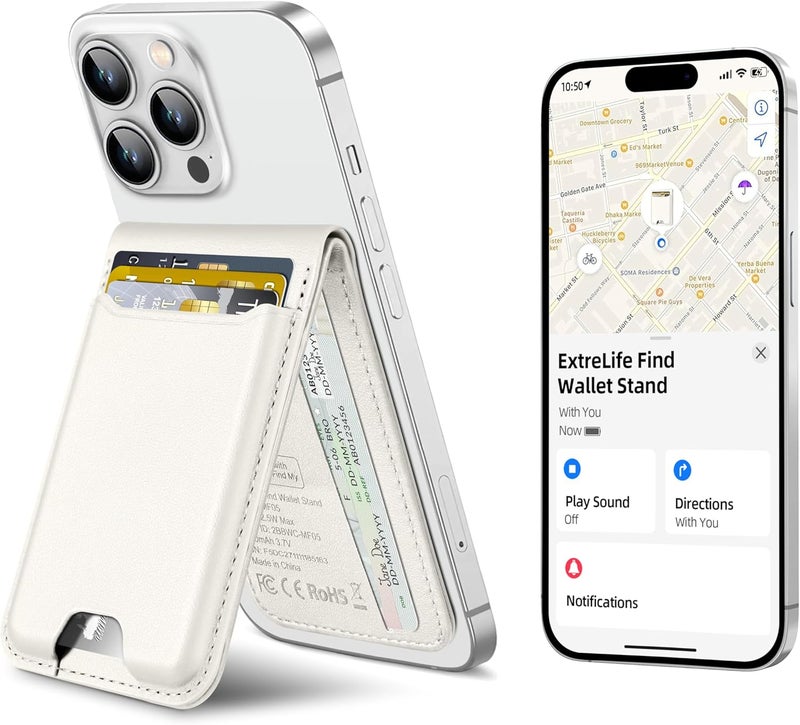 ExtreLife for Magsafe Wallet, Works with Apple Find My, Strongest Magnetic Wallet for iPhone 17/16/15/14/13/12 Series, Magnetic Card Holder with Adjustable Stand, 6 Cards Holder, Vegan Leather, White - Image 1